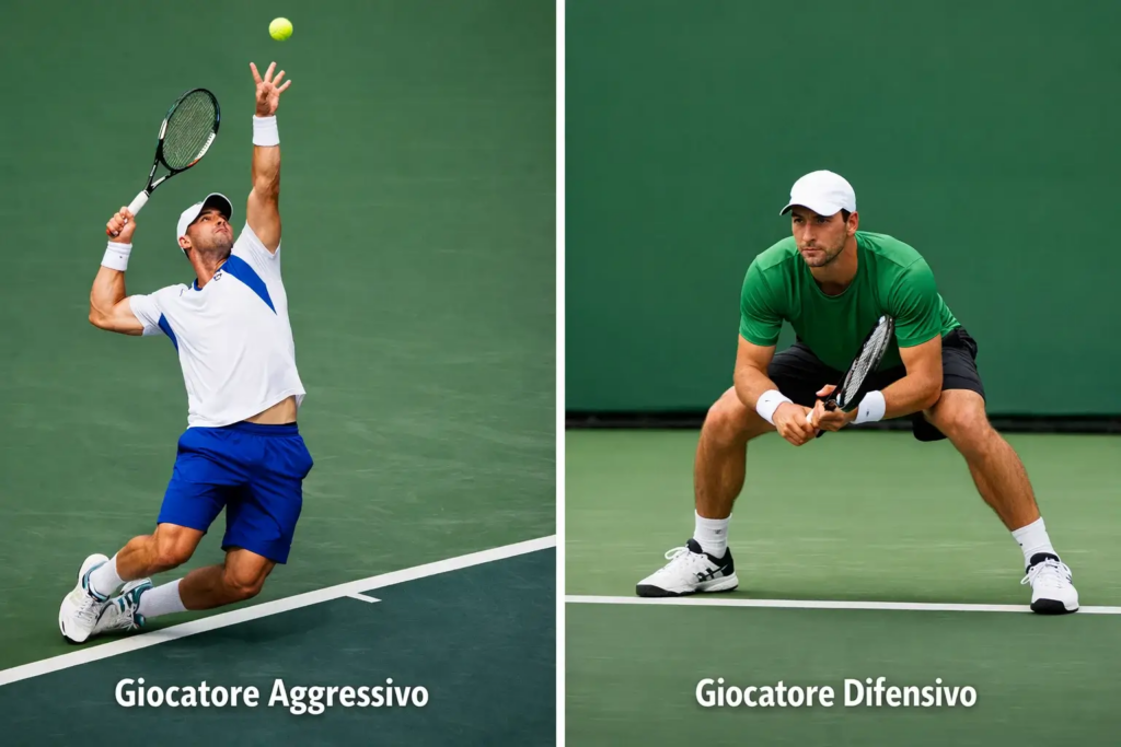 Confronto visivo tra due tennisti con stili di gioco diversi: un server potente e un difensore di fondo campo