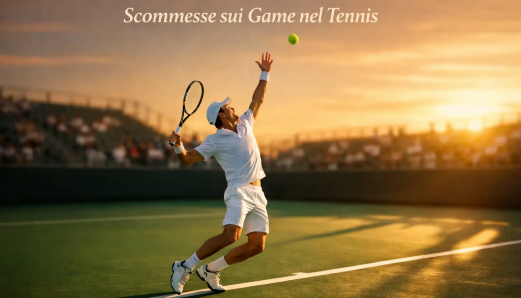 Tennista professionista durante il servizio su campo verde con illuminazione dorata al tramonto
