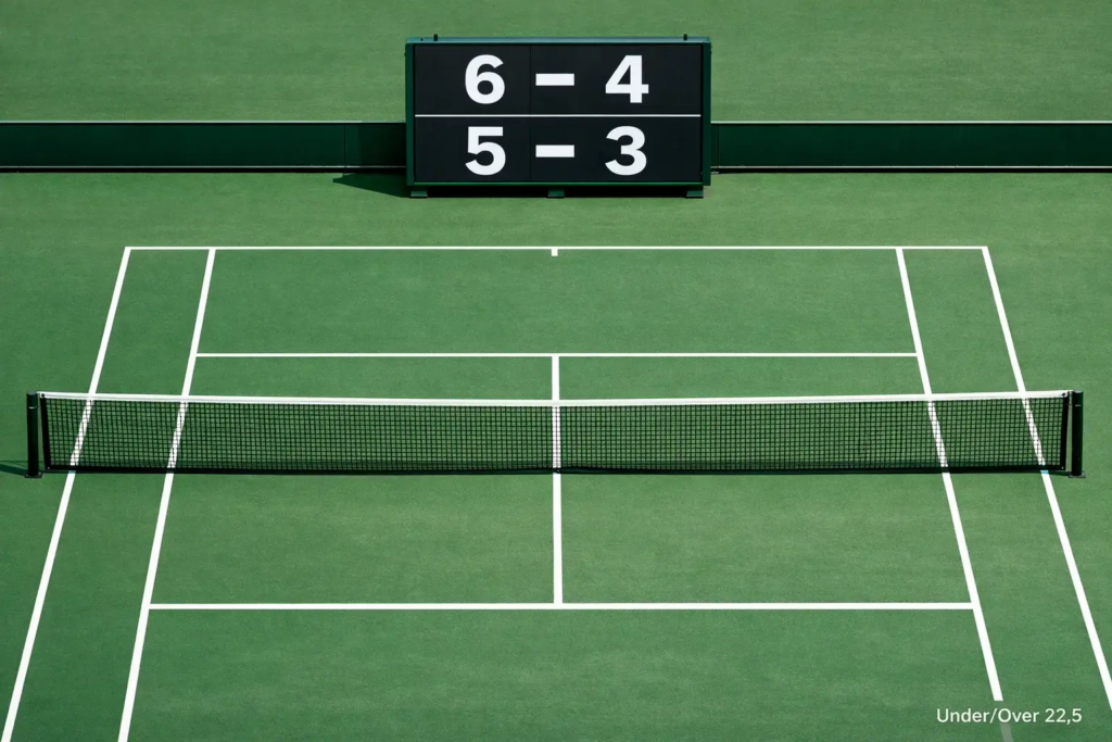 Vista dall'alto di un campo da tennis con tabellone che mostra il punteggio e linea Under/Over 22.5
