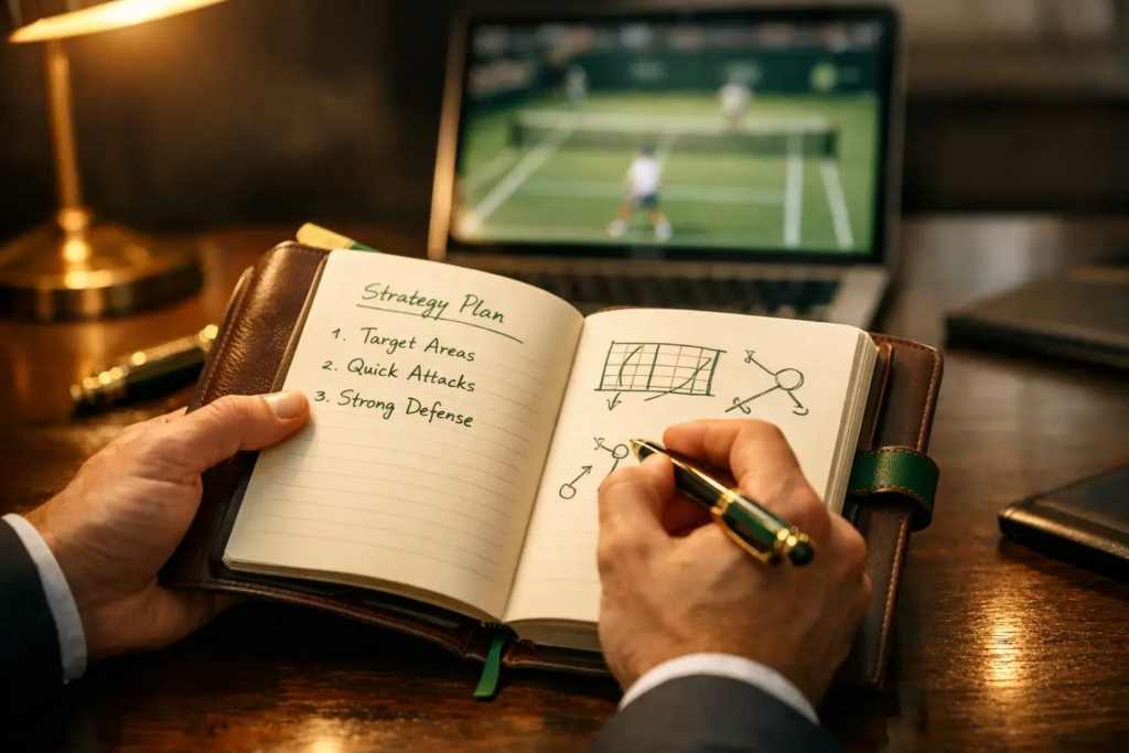Mani di un professionista che scrivono appunti strategici in un elegante taccuino con partita di tennis visibile su laptop sullo sfondo