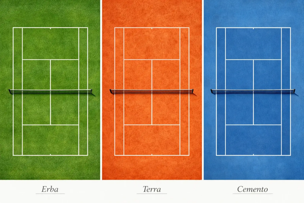 Trittico delle tre superfici tennistiche: erba verde, terra battuta arancione e cemento blu con etichette Erba, Terra, Cemento